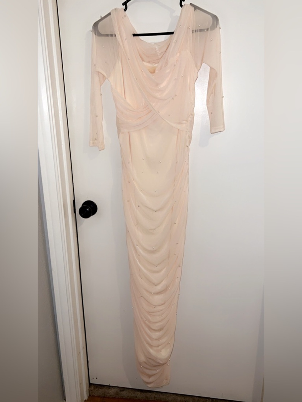 SHEIN Blush Sheer Draped Long Sleeve Evening Dress